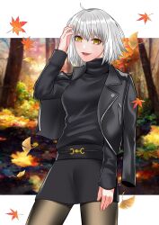 Rule 34 | 1girl, absurdres, black jacket, black skirt, black sweater, breasts, brown pantyhose, fate/grand order, fate (series), grey hair, highres, jacket, jacket on shoulders, jeanne d&#039;arc alter (avenger) (fate), jeanne d&#039;arc alter (fate), large breasts, long sleeves, looking at viewer, open mouth, pantyhose, short hair, skirt, smile, solo, sweater, tomotomow00w, turtleneck, turtleneck sweater, yellow eyes