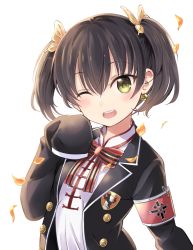 Rule 34 | 10s, 1girl, ;d, armband, bell, black hair, black jacket, blazer, blush, bow, bowtie, commentary request, green eyes, hair between eyes, hand up, hands in opposite sleeves, head tilt, highres, jacket, jingle bell, kishuku gakkou no juliet, long sleeves, looking at viewer, natsupa, one eye closed, open clothes, open jacket, open mouth, school uniform, shirt, simple background, smile, solo, striped bow, striped bowtie, striped clothes, striped neckwear, twintails, wang kochou, white background, white shirt