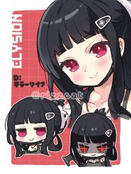 Rule 34 | 1girl, axe, barcode, barcode tattoo, black bra, black dress, black hair, blunt bangs, blush, bra, breast tattoo, breasts, chibi, d (killer wife) (nikke), d (nikke), dongtan dress, dress, goddess of victory: nikke, hair ornament, hairclip, hatchet (axe), heart, heart necklace, holding, holding weapon, large breasts, long hair, meme attire, multiple views, necklace, nekomiya rizu, official alternate costume, red eyes, shaded face, smile, tattoo, underwear, weapon