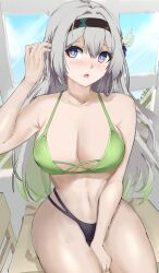 absurdres between_legs bikini black_bikini black_hairband blush breasts cleavage firefly_(honkai:_star_rail) green_bikini grey_hair hair_between_eyes hair_ornament hairband hand_between_legs hand_in_own_hair highres honkai:_star_rail honkai_(series) kagurachi large_breasts open_mouth sitting swimsuit window