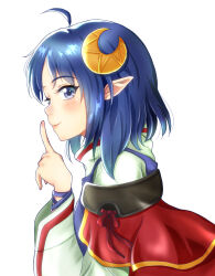 Rule 34 | 1girl, ahoge, blue eyes, blue hair, cape, closed mouth, crescent, crescent hair ornament, from side, hair ornament, looking at viewer, medium hair, pointy ears, red cape, rena lanford, shirt, simple background, smile, solo, star ocean, star ocean the second story, umikamome (pixiv40804077), upper body, white background, white shirt
