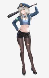 Rule 34 | 1girl, absurdres, alternate costume, baseball bat, black footwear, black shorts, blue hat, blue shirt, blush, breasts, brown pantyhose, cleavage, closed mouth, commentary, dubeaduver, english commentary, full body, grey hair, hand on own hip, hat, high heels, highres, holding, holding baseball bat, honkai: star rail, honkai (series), large breasts, long hair, long sleeves, midriff, navel, pantyhose, police hat, shirt, short shorts, shorts, standing, stelle (honkai: star rail), stomach, thighs, torn clothes, torn pantyhose, trailblazer (honkai: star rail), yellow eyes