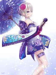 Rule 34 | 1girl, back bow, black eyes, blue umbrella, bow, choker, earrings, floral print, flower, from side, gradient background, hair between eyes, hair flower, hair ornament, highres, holding, holding microphone, holding umbrella, idolmaster, idolmaster cinderella girls, idolmaster cinderella girls starlight stage, japanese clothes, jewelry, kimono, looking at viewer, microphone, open mouth, outstretched arm, purple bow, red flower, shinonov, shiomi syuko, short hair, short kimono, signature, silver hair, solo, standing, strapless, thigh strap, umbrella
