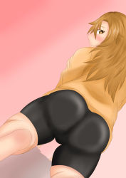 Rule 34 | 1girl, absurdres, all fours, ass, ass press, barefoot, bike shorts, blush, embarrassed, from behind, highres, long hair, looking at viewer, orange eyes, orange hair, original, solo, takku, turtleneck, wavy mouth