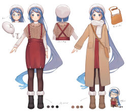 Rule 34 | bag, beret, blue hair, boots, character sheet, chibi, commission, glasses, hat, highres, jacket, jewelry, kantai collection, long hair, outdoors, pantyhose, red skirt, ring, rom (rommmoon), round eyewear, samidare (kancolle), scarf, skeb commission, skirt, star ornament, sweater under jacket, very long hair, white scarf, winter clothes
