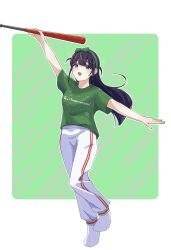 1girl :d absurdres arm_up baseball_bat black_eyes black_hair blush bow bow_hairband clothes_writing commentary_request daua_history floating_hair full_body green_background green_bow green_hairband green_shirt hair_bow hairband hand_up highres holding holding_baseball_bat long_hair looking_at_viewer open_mouth outstretched_arms pants shirt short_sleeves shoujo_kageki_revue_starlight sidelocks smile socks solo sparkle standing standing_on_one_leg striped_background sweat teeth track_pants tsuyuzaki_mahiru two-tone_background two_side_up upper_teeth_only white_background white_pants white_socks