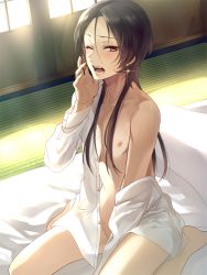 Rule 34 | 10s, 1boy, adzuma nishi, androgynous, bare legs, black hair, blush, earrings, indoors, jewelry, kashuu kiyomitsu, long hair, looking at viewer, male focus, mole, mole under mouth, nipples, one eye closed, open clothes, open mouth, open shirt, personification, red eyes, shirt, sitting, solo, teeth, tongue, touken ranbu, yawning