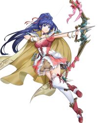 Rule 34 | 1girl, ankle boots, armor, arrow (projectile), blue eyes, blue hair, boots, bow (weapon), bracelet, braid, breasts, cape, cleavage, closed mouth, collar, collarbone, corset, faulds, fingerless gloves, fire emblem, fire emblem: the sacred stones, fire emblem heroes, frills, full body, gloves, high heel boots, high heels, high ponytail, highres, holding, holding bow (weapon), holding weapon, jewelry, leg up, long hair, looking away, medium breasts, mikurou (nayuta), nintendo, non-web source, official art, ponytail, puffy short sleeves, puffy sleeves, quiver, short sleeves, shoulder armor, sidelocks, skirt, solo, tana (fire emblem), thighhighs, transparent background, weapon, zettai ryouiki