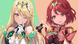 Rule 34 | 2girls, amerika juu pan, bare shoulders, blonde hair, breasts, chest jewel, cleavage, cleavage cutout, clothing cutout, dress, earrings, elbow gloves, fingerless gloves, gem, gloves, headpiece, highres, jewelry, large breasts, long hair, multiple girls, mythra (xenoblade), pyra (xenoblade), red eyes, red hair, short dress, short hair, swept bangs, tiara, very long hair, white dress, white gloves, xenoblade chronicles (series), xenoblade chronicles 2, yellow eyes