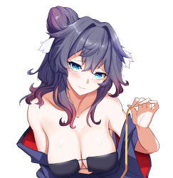 Rule 34 | 1girl, absurdres, arknights, astesia (arknights), bare shoulders, bikini, black bikini, blue eyes, closed mouth, collarbone, ddddecade, eyepatch bikini, from above, gradient hair, hair bun, hair intakes, heart, heart-shaped pupils, highres, holding, japanese clothes, kimono, long sleeves, looking at viewer, looking up, multicolored hair, off shoulder, open clothes, open kimono, purple hair, purple kimono, red hair, simple background, single hair bun, smile, solo, strapless, strapless bikini, swimsuit, symbol-shaped pupils, upper body, white background, wide sleeves, yukata