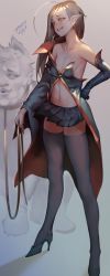 Rule 34 | 1girl, bare shoulders, black skirt, black thighhighs, cape, dated, elbow gloves, fang, flat chest, gloves, grey hair, hand on own hip, high heels, highres, leash, long hair, navel, original, pleated skirt, pointy ears, red eyes, saejin oh, signature, single glove, skirt, solo, thighhighs, vampire, zettai ryouiki