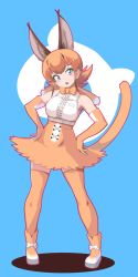 Rule 34 | 1girl, animal ears, bare shoulders, blue eyes, boots, bow, bowtie, caracal (kemono friends), elbow gloves, extra ears, frilled skirt, frills, full body, gloves, hands on own hips, high-waist skirt, highres, kemono friends, ki94959437, light brown hair, orange bow, orange bowtie, orange footwear, orange gloves, orange skirt, orange thighhighs, shirt, short hair, skirt, sleeveless, solo, tail, thighhighs, traditional bowtie, white shirt