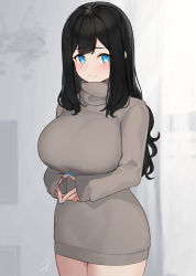 Rule 34 | 1girl, black hair, blue eyes, blue nails, blush, breasts, brown sweater, closed mouth, commentary, cowboy shot, dress, grey background, hayabusa, highres, large breasts, long hair, long sleeves, looking at viewer, nail polish, original, sleeves past wrists, smile, solo, sweater, sweater dress, symbol-only commentary, thighs