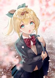 Rule 34 | 1girl, :o, bag, blazer, blonde hair, blue eyes, blurry, blurry foreground, bow, bowtie, cherry blossoms, collared shirt, falling petals, hair ribbon, hairband, highres, holding strap, hololive, jacket, kazama iroha, kowano, long hair, long sleeves, looking at viewer, open mouth, petals, plaid, plaid skirt, pleated skirt, ponytail, ribbon, school bag, school uniform, shirt, skirt, solo, sweater, virtual youtuber
