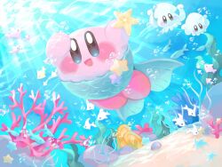 Rule 34 | :d, blue eyes, blush, commentary request, copy ability, coral, fins, fish, fish tail, highres, holding, kirby, kirby (series), light rays, nintendo, no humans, open mouth, rock, sand, sea anemone, seafloor, seaweed, smile, squid, squishy (kirby), star (symbol), starfish, stern (stern dream), sunlight, swimming, tail, underwater