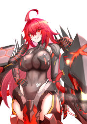 Rule 34 | 1girl, absurdres, ahoge, armor, armored gloves, bodystocking, boobplate, breastplate, breasts, cleavage, colored inner hair, covered navel, goddess of victory: nikke, grin, hair between eyes, hand on own hip, highres, large breasts, light blush, long hair, looking at viewer, mecha musume, mechanical tail, multicolored hair, nihilister (nikke), pink hair, red eyes, red hair, see-through, see-through cleavage, simple background, skyjack888, smile, solo, standing, tail, torn bodystocking, torn clothes, wavy hair, white background