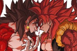 Rule 34 | 2boys, anger vein, bare pectorals, black hair, bleeding, blood, blood on face, blue eyes, body fur, brown fur, dragon ball, dragon ball gt, dragon ball heroes, earrings, eye contact, face-to-face, facing another, forehead-to-forehead, from side, gogeta, heads together, highres, injury, jewelry, looking at another, metamoran vest, monkey boy, monkey tail, multiple boys, muscular, muscular male, no nipples, pectorals, potara earrings, red fur, red hair, relio db318, smirk, spiked hair, super saiyan, super saiyan 4, tail, vegetto, vegetto (xeno), veins
