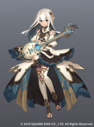 Rule 34 | 1girl, breasts, curly (grimms notes), dark skin, dress, full body, gradient background, green eyes, grey background, grimms notes, guitar, hair ornament, instrument, long hair, official art, sacanahen, skirt, solo, weapon, white hair