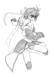 Rule 34 | 00s, 1girl, cropped legs, dress, fighting stance, gauntlets, greyscale, headband, lyrical nanoha, mahou shoujo lyrical nanoha, mahou shoujo lyrical nanoha strikers, monochrome, outstretched arm, revolver knuckle, short hair, simple background, sketch, solo, spread legs, standing, subaru nakajima, uka, white background