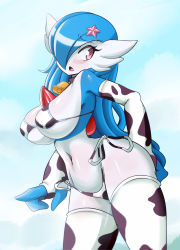 Rule 34 | 1girl, absurdres, alternate color, animal print, bare shoulders, bikini, blue hair, blush, breasts, bridal gauntlets, cow print, cow print bikini, cowbell, cowboy shot, creatures (company), day, elbow gloves, game freak, gardevoir, gen 3 pokemon, gloves, hair ornament, hair over one eye, highres, large breasts, long hair, looking to the side, lucyfer, narrow waist, navel, nintendo, open mouth, pokemon, pokemon (creature), print bikini, purple eyes, shiny pokemon, shiny skin, side-tie bikini bottom, sky, solo, standing, star (symbol), star hair ornament, swimsuit, thighhighs