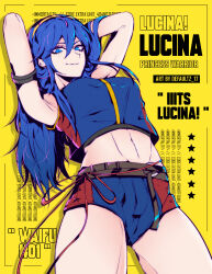 Rule 34 | 1girl, absurdres, armband, armpits, arms behind head, black armband, blue eyes, blue hair, breasts, character name, crop top, defaultz, fire emblem, fire emblem awakening, fire emblem cipher, hair between eyes, highres, long hair, lucina (fire emblem), midriff, nintendo, official alternate costume, small breasts, smile, solo, swimsuit, tiara