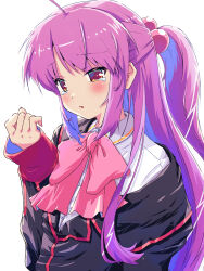 Rule 34 | 1girl, ahoge, akayama yukihe, black jacket, blush, bow, commentary, crying, crying with eyes open, dress shirt, eyes visible through hair, futaki kanata, hair between eyes, hair bobbles, hair ornament, half updo, hand up, highres, jacket, little busters!, long hair, long sleeves, looking at hand, off shoulder, open mouth, pink bow, purple hair, sad, school uniform, shirt, short ponytail, sidelocks, simple background, solo, tears, upper body, very long hair, white background, white shirt, yellow eyes