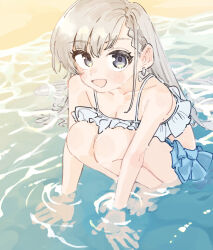 Rule 34 | 1girl, bare shoulders, beach, bikini, blue eyes, blush, braid, braided bangs, breasts, cleavage, collarbone, commentary request, earrings, frilled bikini, frills, full body, grey hair, highres, hisakawa hayate, idolmaster, idolmaster cinderella girls, jewelry, long hair, looking at viewer, open mouth, small breasts, smile, solo, squatting, swimsuit, tenoo12, wading, water