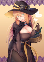 Rule 34 | 1girl, basket, bit (keikou syrup), breasts, cape, cleavage, elbow gloves, girls&#039; frontline, gloves, green eyes, hat, highres, large breasts, long hair, looking at viewer, official alternate costume, orange hair, pantyhose, solo, springfield (classic witch) (girls&#039; frontline), springfield (girls&#039; frontline), thighhighs, tongue, tongue out, witch hat