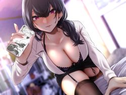Rule 34 | 1girl, bed sheet, black bra, black hair, black skirt, blurry, blurry background, blush, bra, breasts, brown thighhighs, cellphone, cleavage, collarbone, depth of field, garter straps, highres, holding, holding phone, indoors, kangoku meika, large breasts, long hair, long sleeves, looking at viewer, low ponytail, miniskirt, nose blush, office lady, on bed, open clothes, open shirt, original, parted lips, pencil skirt, phone, purple eyes, shirt, skirt, smartphone, smile, solo, thighhighs, underwear, white shirt
