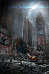 Rule 34 | city, cloud, cloudy sky, crosswalk, debris, floating, lens flare, levitation, new york, no humans, original, real world location, road, ruins, scenery, seafh, sky, street, sun, taxi, times square