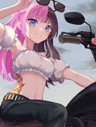 Rule 34 | 1girl, arm up, bananan, bandeau, bare shoulders, black pants, blue eyes, breasts, brown hair, commentary request, crop top, detached sleeves, grey sky, grin, highres, long hair, looking at viewer, medium breasts, midriff, motor vehicle, motorcycle, multicolored hair, navel, one side up, pants, pink hair, short sleeves, sitting, sky, smile, solo, stomach, strapless, sunglasses, tachibana hinano (vtuber), tattoo, thighs, tube top, two-tone hair, virtual youtuber, vspo!