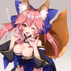 Rule 34 | 10s, 1girl, ;d, animal ears, bad id, bad pixiv id, bare shoulders, blue kimono, blush, cowboy shot, detached collar, fate/extra, fate (series), fox ears, fox shadow puppet, fox tail, grey background, hands up, hoshi usagi, japanese clothes, kimono, long hair, looking at viewer, one eye closed, open mouth, pelvic curtain, pink hair, sidelocks, simple background, smile, solo, tail, tamamo no mae (fate/extra), teeth, twintails, yellow eyes