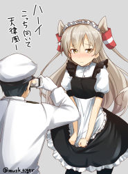 Rule 34 | 10s, 1boy, 1girl, admiral (kancolle), alternate costume, amatsukaze (kancolle), apron, apron pull, blush, camera, clothes pull, dress, enmaided, frilled dress, frills, hair tubes, hat, highres, kantai collection, long hair, looking away, maid, maid apron, maid headdress, max melon, military, musk tiger, pantyhose, peaked cap, silver hair, simple background, twintails, twitter username, two side up, yellow eyes
