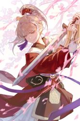 Rule 34 | archer (fate/samurai remnant), arm guards, armor, blonde hair, chinese armor, chinese clothes, chinese hairpin, falling petals, fate/samurai remnant, fate (series), flower, hair ornament, hanfu, high ponytail, highres, holding, holding sword, holding weapon, jian (weapon), multicolored hair, petals, rerchien, streaked hair, sword, tassel, tassel hair ornament, unsheathed, weapon, xiao guan (headdress), yellow eyes