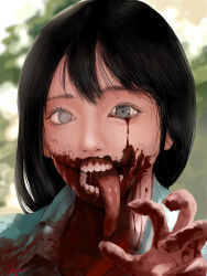 Rule 34 | 1girl, black hair, blood, blurry, blurry background, commentary, grey eyes, guro, highres, hylran0427, original, portrait, solo, teeth, tongue, tongue out, upper body, zombie
