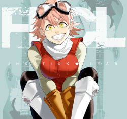 Rule 34 | 00s, 1girl, bad id, bad pixiv id, breasts squeezed together, breasts, flcl, gloves, goggles, goggles on head, grin, haruhara haruko, large breasts, lips, maou alba, pink hair, short hair, smile, solo, yellow eyes