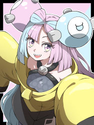 Rule 34 | 1girl, :d, absurdres, character hair ornament, commentary request, creatures (company), eyelashes, game freak, green hair, grey shirt, hair ornament, highres, iono (pokemon), jacket, long hair, looking at viewer, multicolored hair, nintendo, open mouth, pokemon, pokemon sv, purple eyes, shabana may, sharp teeth, shirt, sleeveless, sleeveless shirt, smile, solo, teeth, tongue, two-tone hair, upper teeth only, yellow jacket