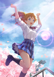 Rule 34 | 1girl, :d, arms up, artist name, black footwear, black socks, blue eyes, blue skirt, blue sky, blush, bow, bowtie, breasts, cherry blossoms, clenched hands, cloud, commentary request, dated, day, highres, jumping, kneehighs, kosaka honoka, lens flare, loafers, long hair, looking away, love live!, love live! school idol project, medium breasts, miniskirt, mixed-language commentary, one side up, open mouth, orange hair, otonokizaka school uniform, outdoors, petals, petticoat, plaid, plaid skirt, pleated skirt, railing, red bow, red bowtie, school uniform, shamakho, shoes, short sleeves, signature, skirt, sky, smile, socks, solo, spring (season), sunlight, traffic light, tree