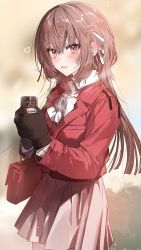 Rule 34 | 1girl, absurdres, black gloves, blush, bow, bowtie, brown hair, can, collared shirt, dress shirt, gloves, grey skirt, hair between eyes, hair ornament, hair ribbon, hairclip, heart, highres, holding, holding can, hot chocolate, jacket, long hair, looking at viewer, original, parted lips, pleated skirt, red bag, red eyes, red jacket, ribbon, shirt, skirt, smile, solo, wata (attaka towel), white bow, white bowtie, white ribbon, white shirt
