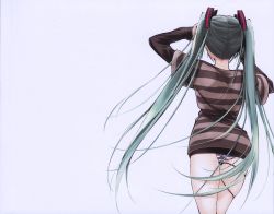 Rule 34 | 1girl, absurdres, aqua hair, artist request, ass, back, casual, female focus, from behind, hatsune miku, highres, long hair, narrow waist, panties, pantyshot, scan, solo, striped clothes, striped panties, thigh gap, thighs, twintails, underwear, very long hair, vocaloid