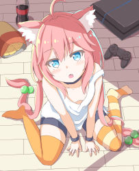 Rule 34 | 1girl, absurdres, ahoge, animal ear fluff, animal ears, arm support, asymmetrical legwear, bag of chips, between legs, bike shorts, black choker, black shorts, blue eyes, blush, bottle, breasts, cat ears, chips (food), choker, coca-cola, coke, coke bottle, collarbone, controller, downblouse, fang, fingernails, food, from above, game console, game controller, hair between eyes, hair bobbles, hair ornament, hand between legs, head tilt, highres, hinata channel, keiran (ryo170), long hair, looking at viewer, looking up, low twintails, mismatched legwear, nekomiya hinata, no bra, no shoes, on floor, open mouth, orange thighhighs, pink hair, playstation 4, playstation controller, potato chips, shirt, short shorts, shorts, sitting, small breasts, soda bottle, solo, striped clothes, striped thighhighs, tank top, thighhighs, twintails, very long hair, virtual youtuber, white shirt, wooden floor, wristband