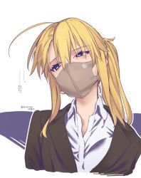 Rule 34 | 1girl, ahoge, artoria pendragon (fate), blonde hair, blouse, blue eyes, breasts, collared shirt, command spell, dress shirt, fate/grand order, fate (series), hair between eyes, highres, jacket, large breasts, long hair, looking to the side, mask, mitsurugi sugar, mouth mask, mysterious heroine x (fate), mysterious heroine xx (fate), ponytail, shirt, sidelocks, solo, translation request, white shirt
