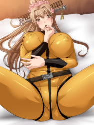 Rule 34 | 1girl, blush, bodysuit, breasts, brown eyes, brown hair, cosplay, curvy, covered erect nipples, huge breasts, kantai collection, large breasts, long hair, looking at viewer, lying, mori yuki, mori yuki (cosplay), name connection, nokobeya, on back, open mouth, ponytail, solo, spread legs, thick thighs, thighs, uchuu senkan yamato, uchuu senkan yamato 2199, wide hips, yamato (kancolle)