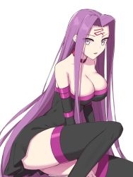 Rule 34 | 1girl, bare shoulders, black dress, black footwear, boots, breasts, cleavage, collarbone, detached sleeves, dress, elfenlied22, facial mark, fate/stay night, fate (series), forehead, forehead mark, hair intakes, highres, large breasts, long hair, looking at viewer, medusa (fate), medusa (rider) (fate), open mouth, purple eyes, purple hair, short dress, sidelocks, simple background, solo, square pupils, strapless, strapless dress, thigh boots, thighhighs, thighs, very long hair, white background