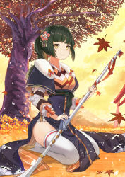Rule 34 | 1girl, animal print, autumn leaves, bird print, blue capelet, breasts, capelet, closed mouth, expressionless, flower, food fantasy, fur collar, grass, green hair, hair flower, hair ornament, highres, holding, holding weapon, japanese clothes, leaf, long hair, long sleeves, looking at viewer, maple leaf, mosta (lo1777789), mountain, naginata, no shoes, outdoors, pelvic curtain, pink flower, polearm, puffy sleeves, seigaiha, seiza, side slit, sidelocks, sitting, sky, small breasts, solo, tassel, thighhighs, thighs, torii, tree, weapon, white thighhighs, yellow eyes