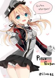 Rule 34 | 10s, 1girl, :d, anchor hair ornament, ass, bad id, bad twitter id, black ribbon, black skirt, blonde hair, blue eyes, blush, character name, from behind, german flag, german text, gloves, hair ornament, hair ribbon, hat, heart, kantai collection, long hair, long sleeves, looking at viewer, looking back, microskirt, military, military uniform, miniskirt, open mouth, panties, pantyshot, peaked cap, pleated skirt, prinz eugen (kancolle), ribbon, shijima (sjmr02), silhouette, simple background, skirt, smile, solo, speech bubble, standing, twintails, twitter username, underwear, uniform, upskirt, white gloves, white panties