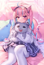 Rule 34 | 1girl, absurdres, ahoge, anchor hair ornament, animal ears, blue hair, blue hairband, blue ribbon, blue skirt, blush, braid, breasts, cat ears, cat girl, cat tail, closed mouth, curtains, deaver, hugging doll, extra ears, feet out of frame, hair ornament, hairband, heart, heart-shaped pillow, highres, hololive, indoors, jacket, large breasts, long hair, long sleeves, looking at viewer, minato aqua, minato aqua (sailor), multicolored hair, neko (minato aqua), hugging object, open clothes, open jacket, pantyhose, pillow, pleated skirt, purple eyes, purple hair, ribbon, sitting, skirt, smile, solo, stuffed animal, stuffed cat, stuffed toy, tail, tail ornament, tail ribbon, twin braids, twintails, two-tone hair, virtual youtuber, white jacket, window