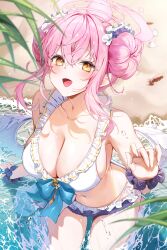 Rule 34 | 1girl, absurdres, angel wings, bikini, blue archive, breasts, cleavage, commentary, crab, double bun, feathered wings, flower, frilled bikini, frills, hair between eyes, hair bun, hair flower, hair ornament, halo, halterneck, highres, kuro (rudyan0128), large breasts, looking at viewer, low wings, mika (blue archive), navel, open mouth, outdoors, pink hair, pink halo, scrunchie, short hair, sidelocks, smile, solo, swimsuit, water, white bikini, white wings, wings, wrist scrunchie, yellow eyes