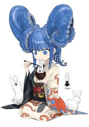 Rule 34 | 1girl, animal, animal print, blue eyes, blue hair, blunt bangs, bowl, chinese zodiac, chopsticks, closed mouth, commentary request, double bun, eating, food, full body, hair bun, highres, holding, holding bowl, holding chopsticks, japanese clothes, kimono, long hair, megame (okbnkn), mizudako-chan (okbnkn), mochi, obi, obijime, octopus print, original, print kimono, print sash, rabbit, rabbit print, ringed eyes, sash, seiza, shark print, simple background, sitting, smile, solo, suction cups, tentacle hair, very long hair, white background, wide sleeves, year of the rabbit