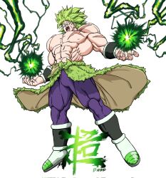 Rule 34 | 1boy, abs, angry, artist name, bakarott, biceps, blank eyes, boots, bracer, broly (dragon ball super), cape, commentary, corrupted twitter file, dragon ball, dragon ball super, dragon ball super broly, energy, english commentary, facial scar, fingernails, full body, fur cape, green cape, green hair, hands up, highres, legendary super saiyan, male focus, muscular, muscular male, open mouth, pants, pectorals, purple pants, round teeth, scar, scar on cheek, scar on chest, scar on face, simple background, solo, spiked hair, super saiyan, teeth, tongue, topless, v-shaped eyebrows, waist cape, white background, white footwear